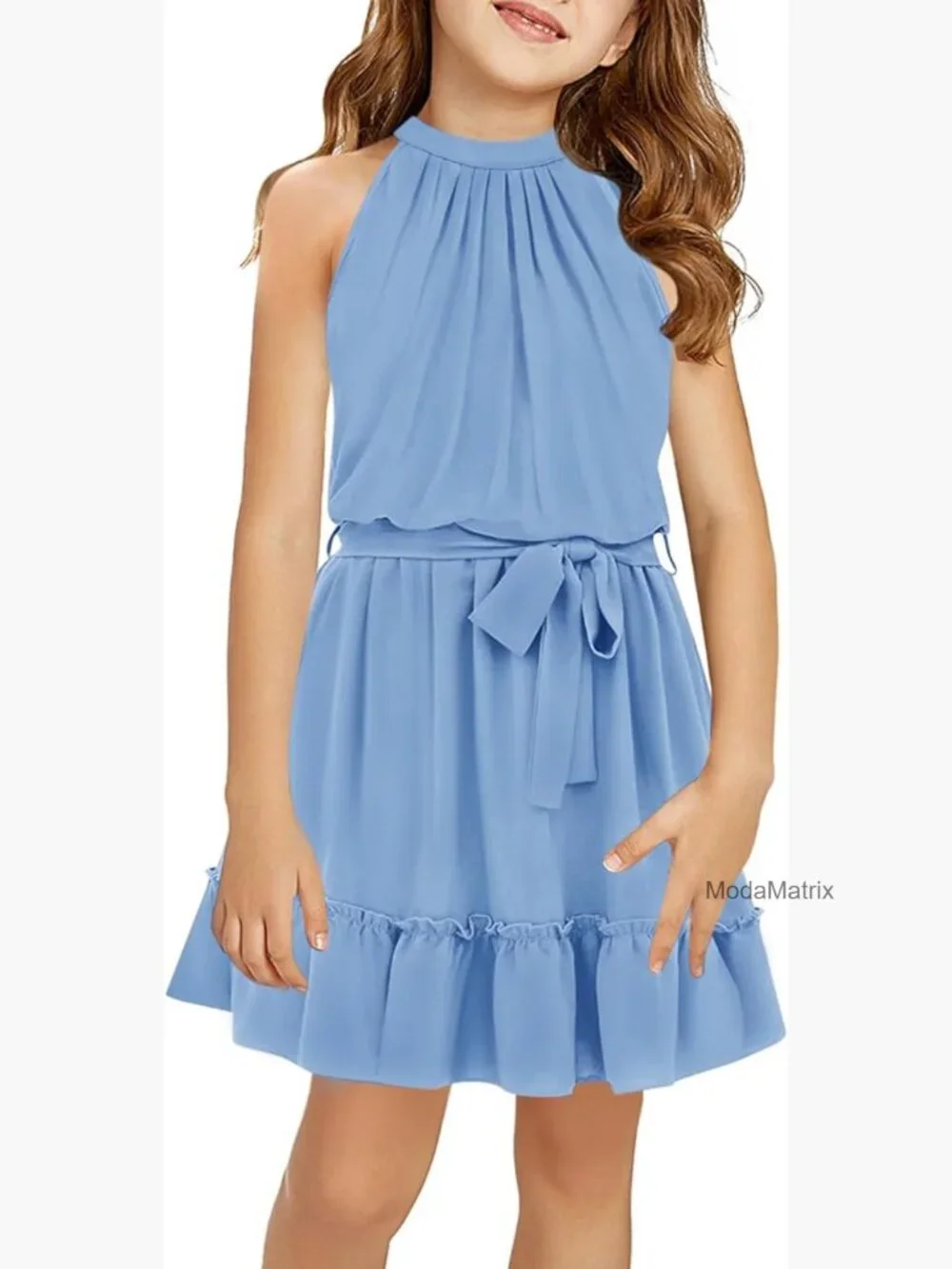 Girls Halter Tie Waist A-Line Swing Dress Sleeveless Summer Dress 4-12
